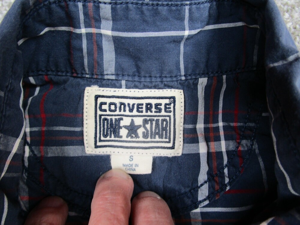 Converse Shirt Men Small Blue Plaid One Star Long Sleeve Cotton Skater Grunge - Picture 3 of 13